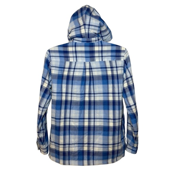 L.L.Bean Womens M Fleece-Lined Flannel Hoodie Shirt Blue Plaid Long Sleeve - Picture 3 of 9